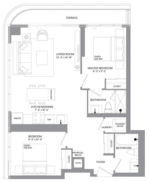 Floor plan for 2 beds, 2 baths, 844 sqft